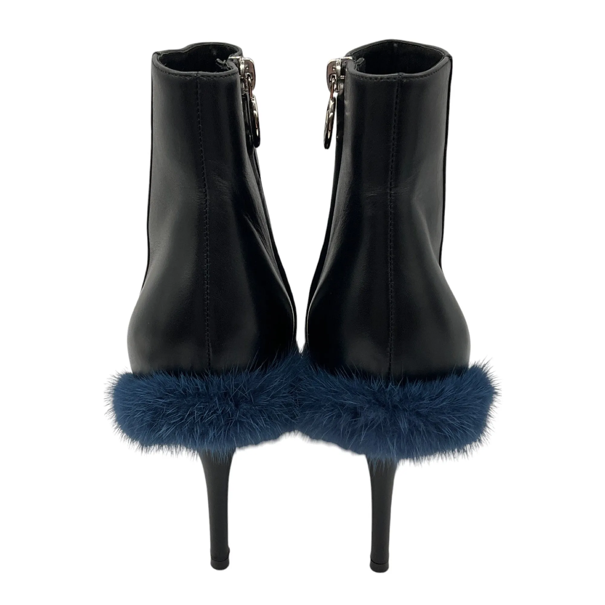 Fendi Black / Blue Fur Trimmed Heeled Leather Boots