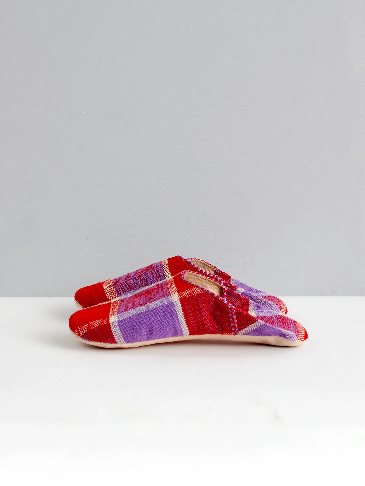 Moroccan Boujad Basic Babouche Slippers, Red and Lilac Check