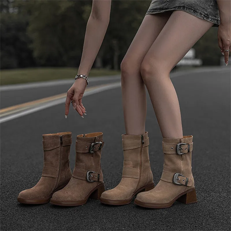 Nubuck Cow Leather Short Boots For Women Big Round Toe Western Riding Boots In Caramel/Khaki