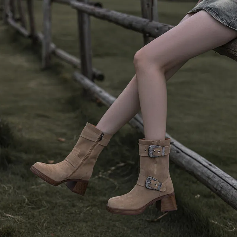 Nubuck Cow Leather Short Boots For Women Big Round Toe Western Riding Boots In Caramel/Khaki