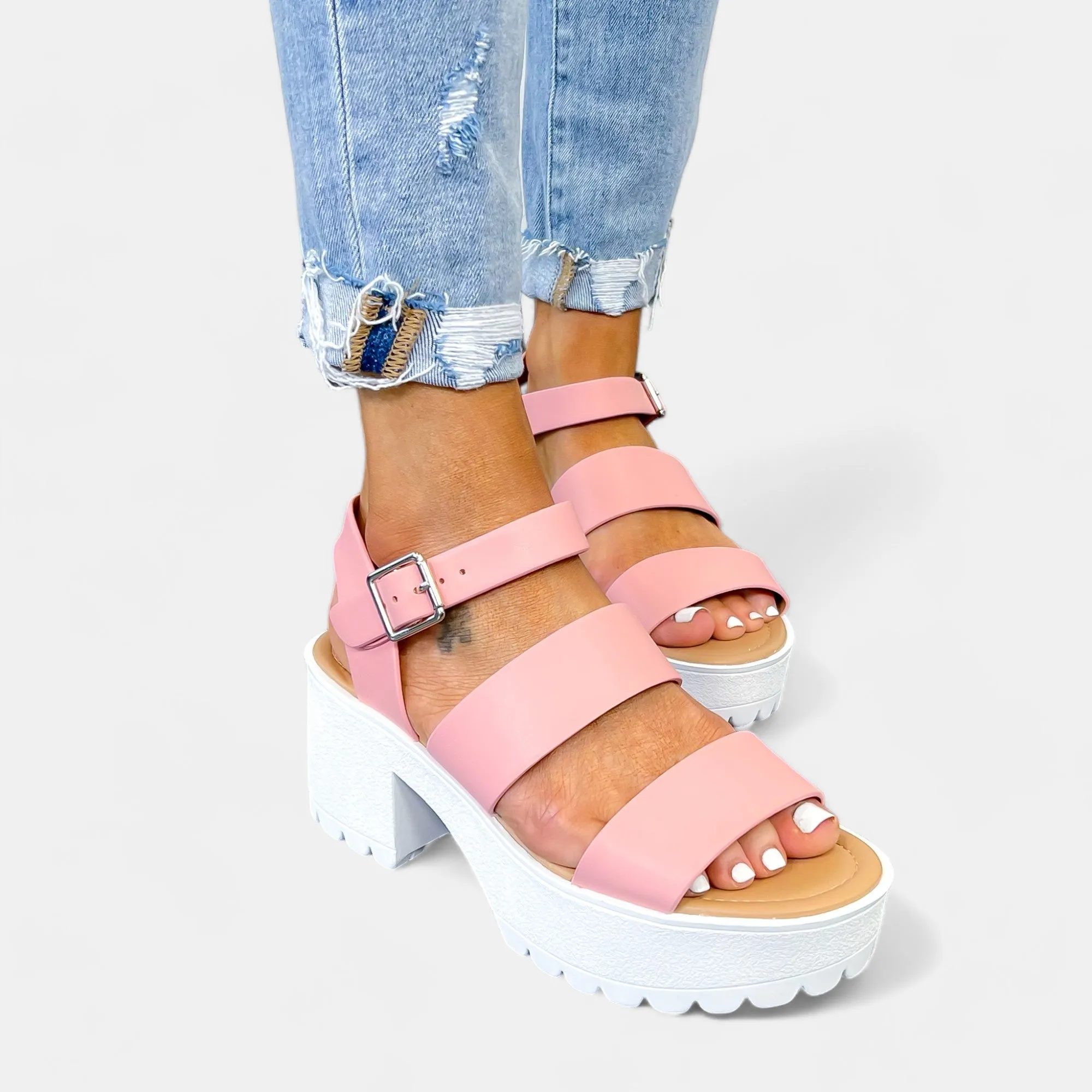 Pink Chunky Heel Platform Sandals