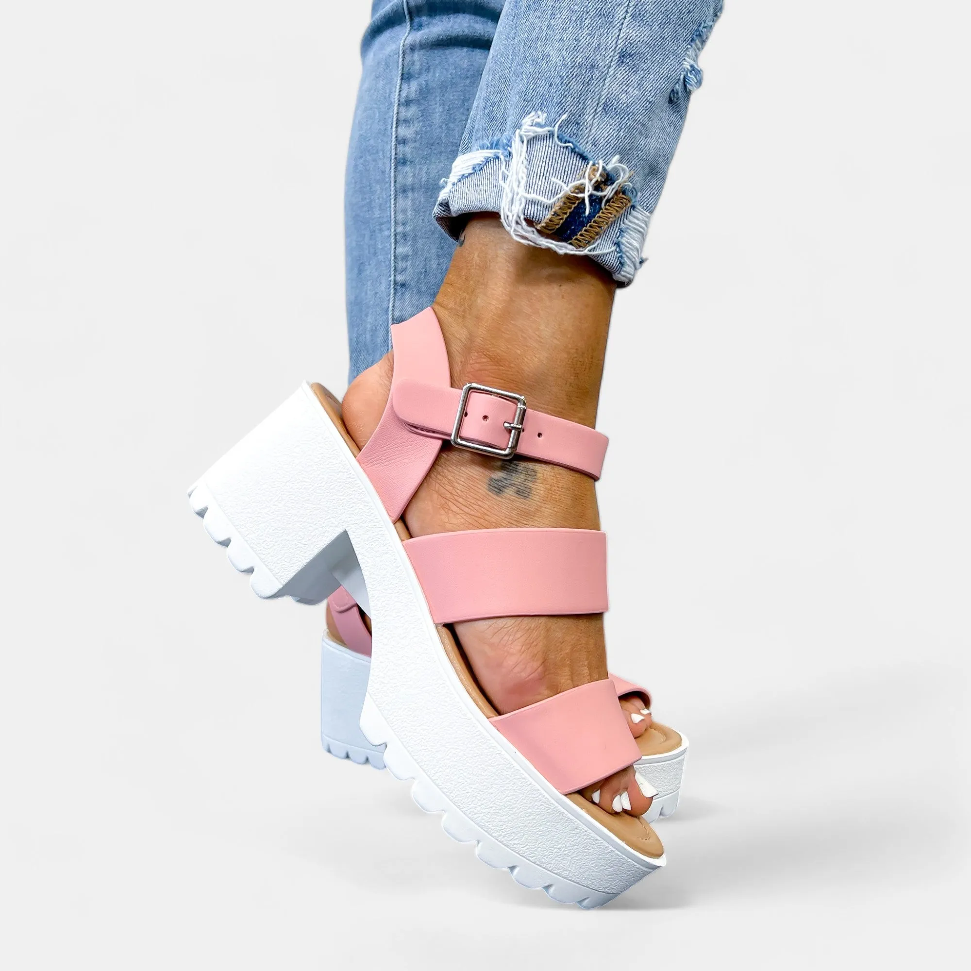 Pink Chunky Heel Platform Sandals