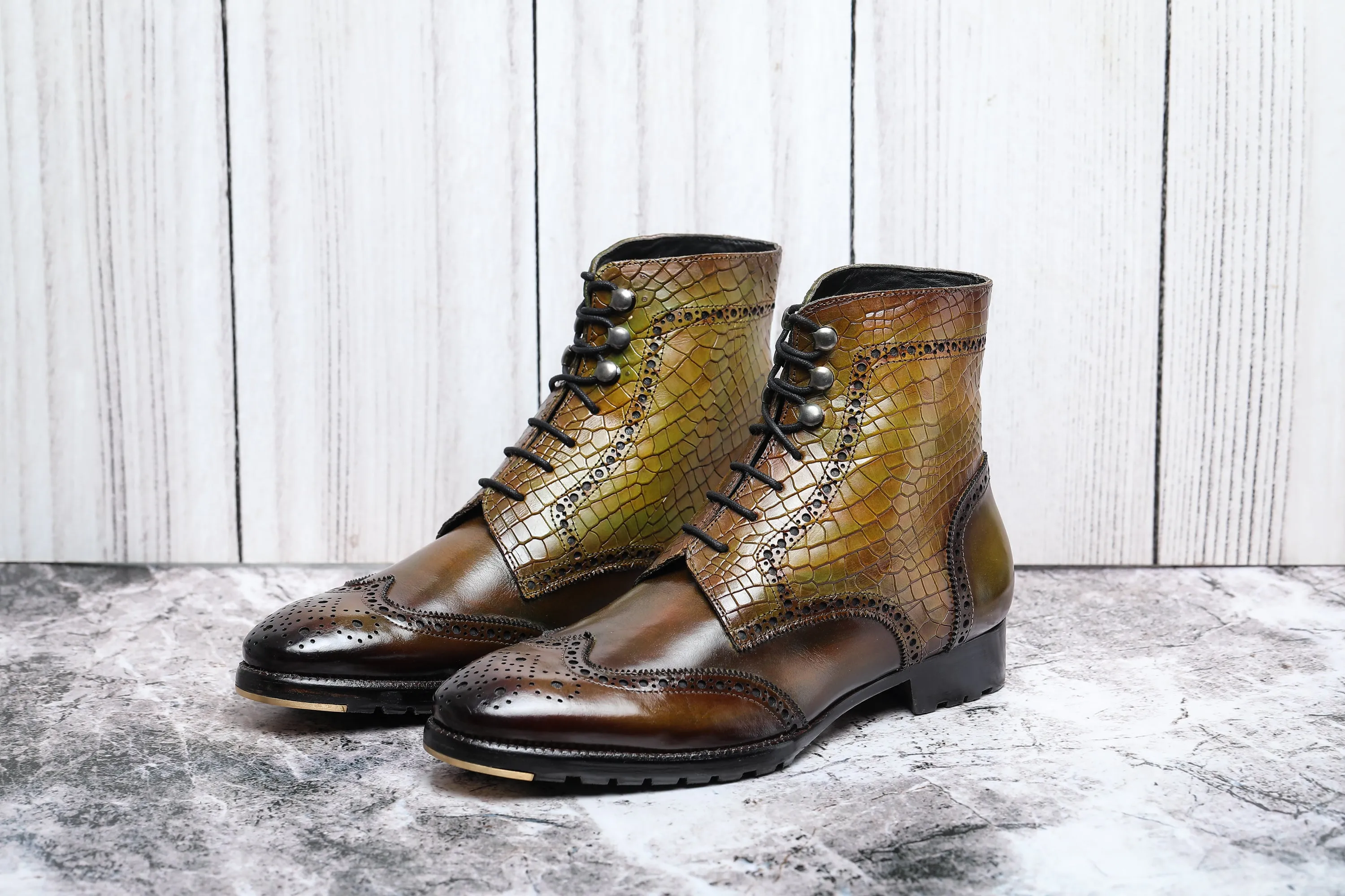 Wingtip Lace Up Boots- Croc Olive