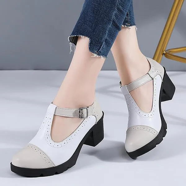 Women's Buckle Soft Sole Round Toe Chunky Heel Shoes 35147686C