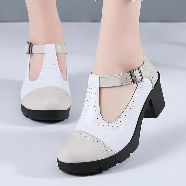 Women's Buckle Soft Sole Round Toe Chunky Heel Shoes 35147686C