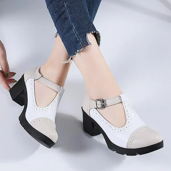 Women's Buckle Soft Sole Round Toe Chunky Heel Shoes 35147686C